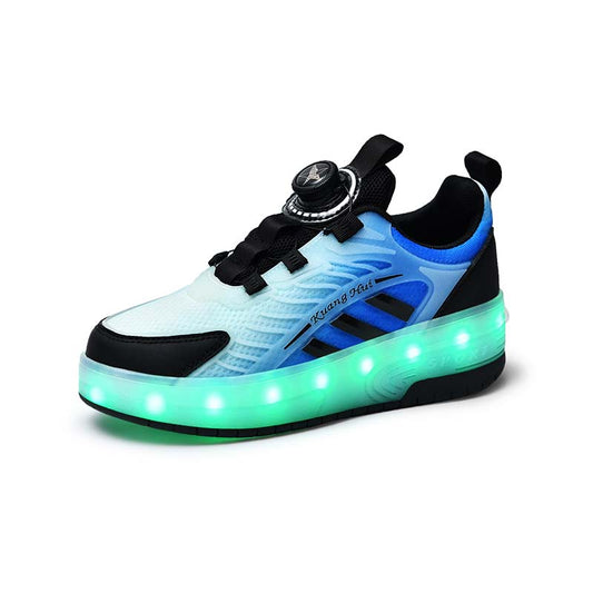 Blue Spin Button LED Shoes with Wheels - Roller Skates USB Rechargeable