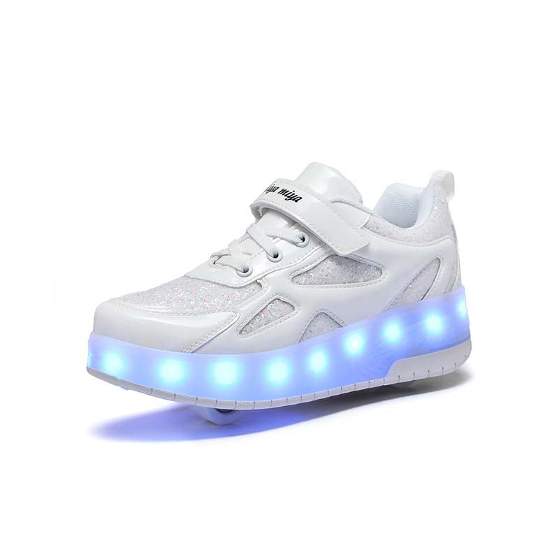 White Shiny Shoes with Wheel - LED Lights Roller Skates USB Rechargeable