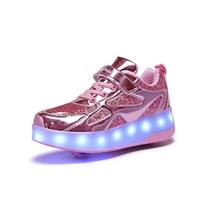 Pink Shiny LED Light-Up Roller Shoes - Removable Wheels, USB Rechargeable