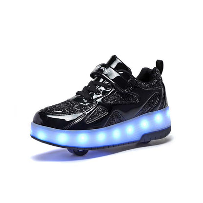 Black Shiny LED Light-Up Roller Shoes - Removable Wheels, USB Rechargeable