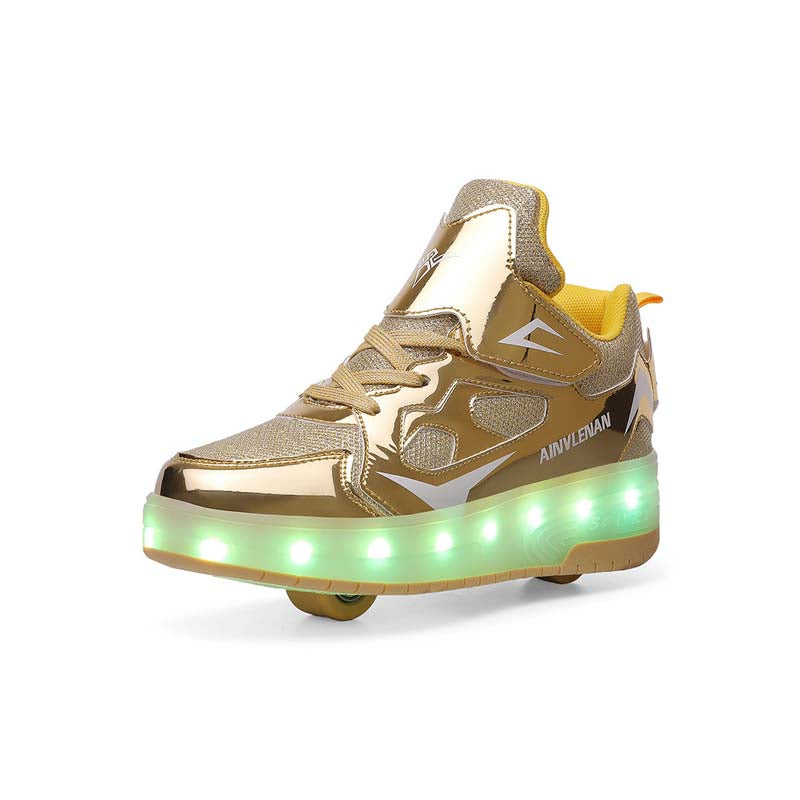 Gold Shiny LED Light-Up Skate Shoes: Removable Wheels, USB Rechargeable