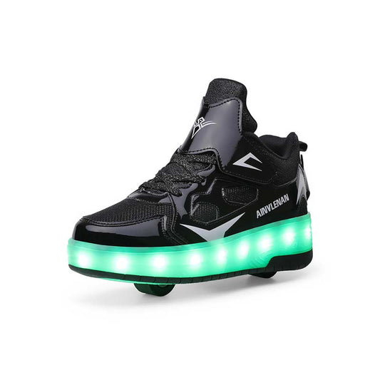 Black Shiny LED Light-Up Skate Shoes with Glitter Accents - USB Rechargeable Roller Skates