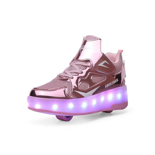 Pink Glitter Shine LED Shoes with Wheel - Roller Skates USB Rechargeable