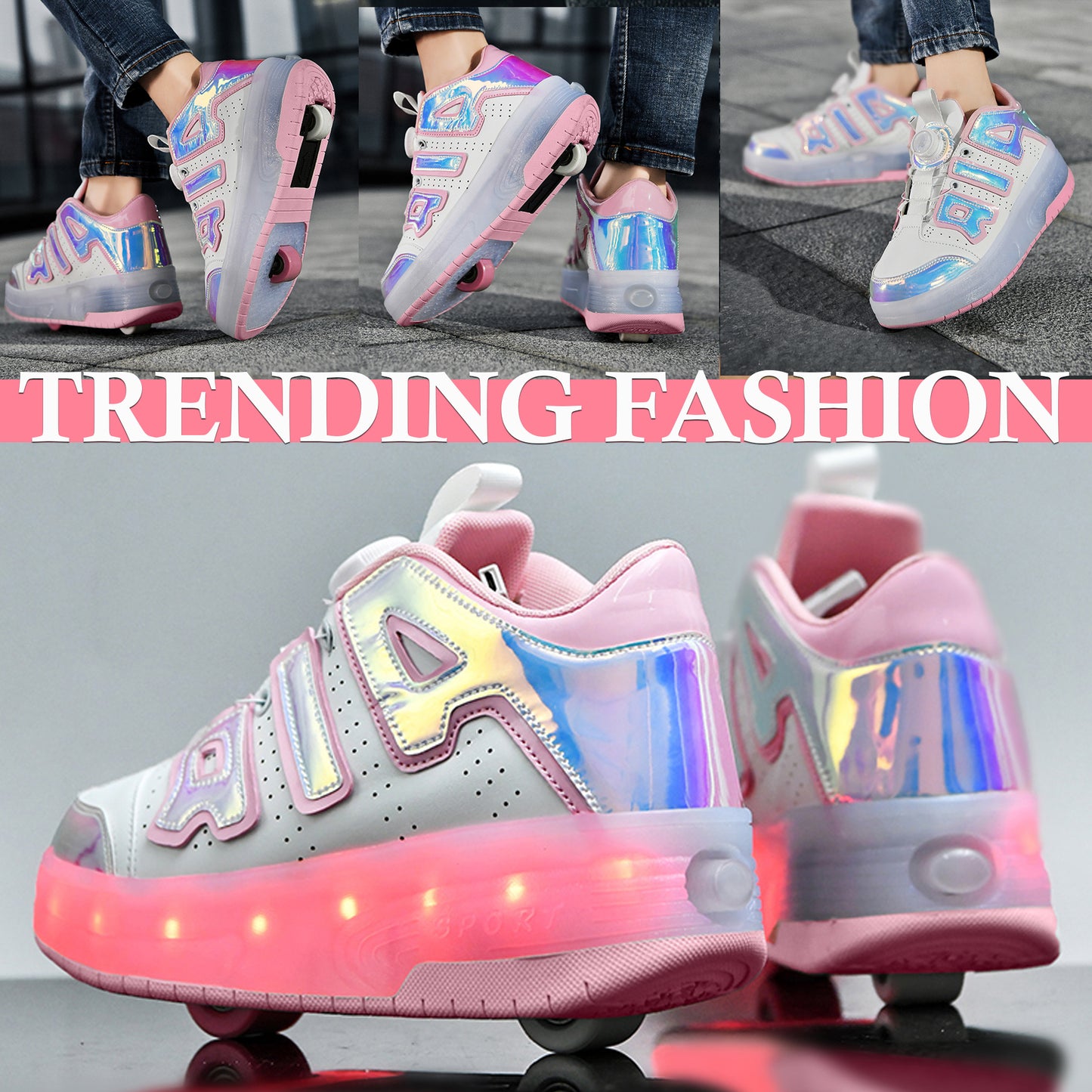 Air Pink LED Shoes with Wheel - Roller Skates USB Rechargeable