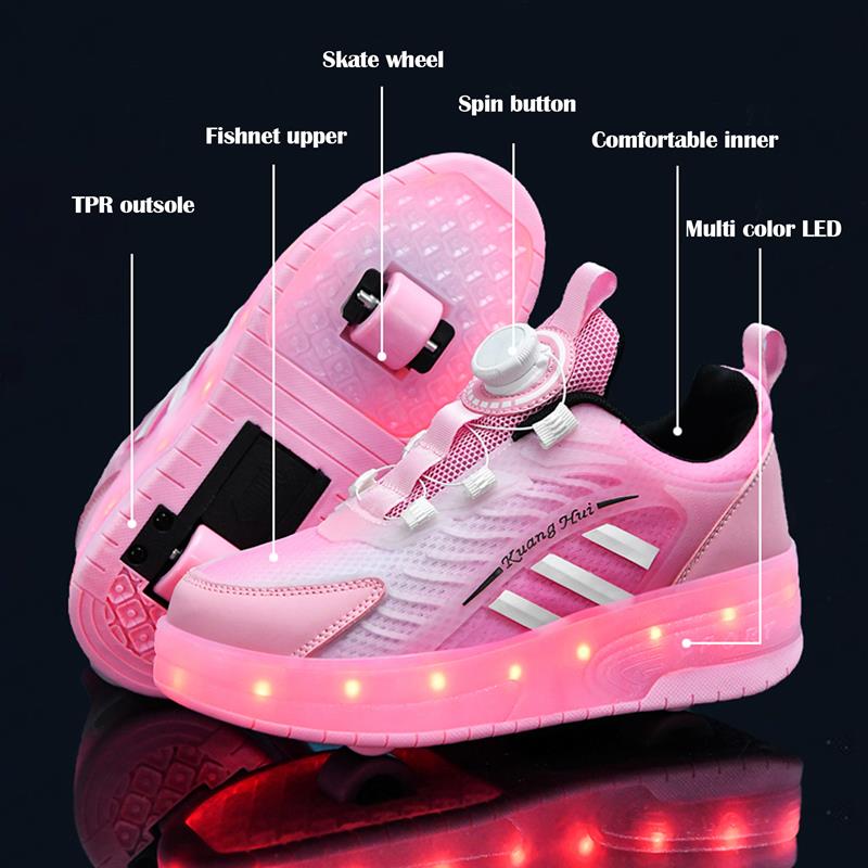 Pink Spin Button LED Shoes - Roller Skates USB Rechargeable