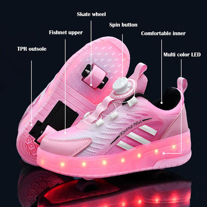 Pink Spin Button LED Shoes - Roller Skates USB Rechargeable