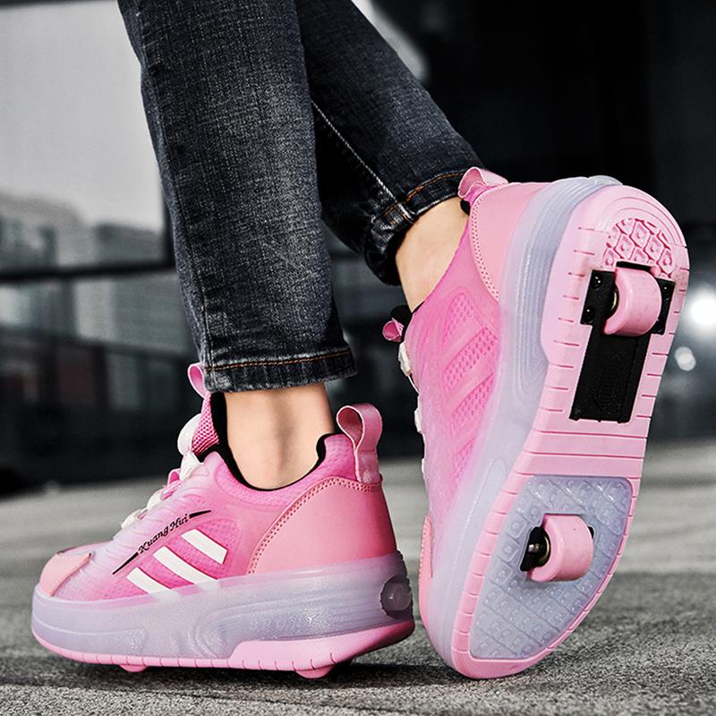 Pink Spin Button LED Shoes - Roller Skates USB Rechargeable