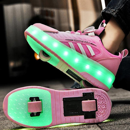 Pink Spin Button LED Shoes - Roller Skates USB Rechargeable