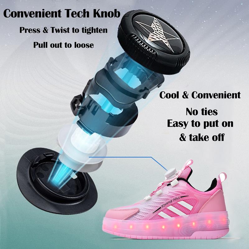 Pink Spin Button LED Shoes - Roller Skates USB Rechargeable