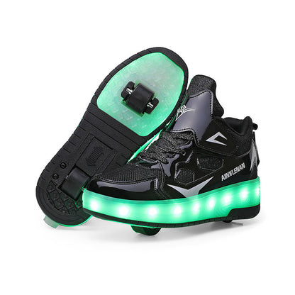 Black Shiny LED Light-Up Skate Shoes with Glitter Accents - USB Rechargeable Roller Skates