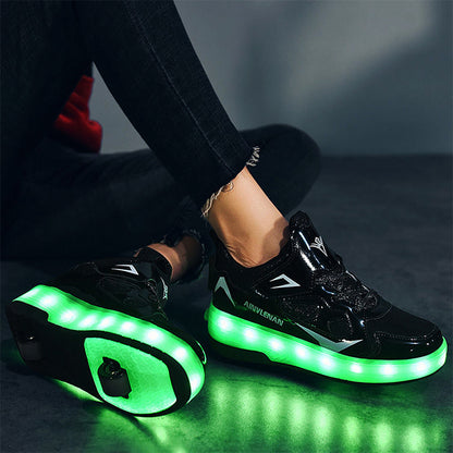 Black Shiny LED Light-Up Skate Shoes with Glitter Accents - USB Rechargeable Roller Skates