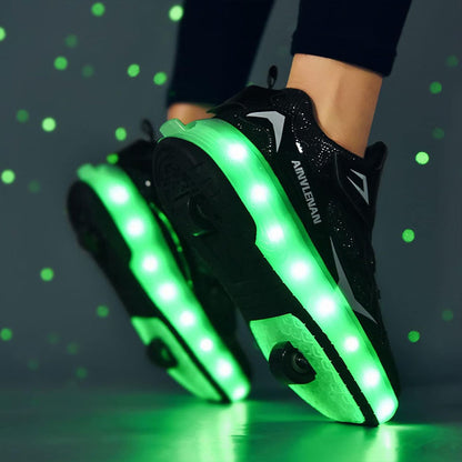 Black Shiny LED Light-Up Skate Shoes with Glitter Accents - USB Rechargeable Roller Skates