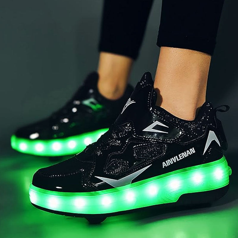 Black Shiny LED Light-Up Skate Shoes with Glitter Accents - USB Rechargeable Roller Skates