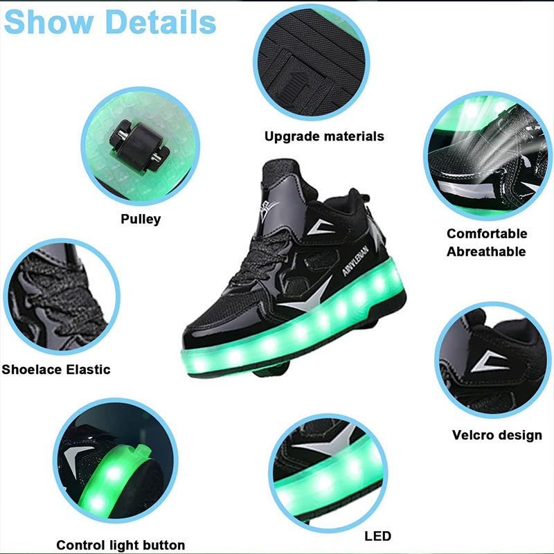 Black Shiny LED Light-Up Skate Shoes with Glitter Accents - USB Rechargeable Roller Skates