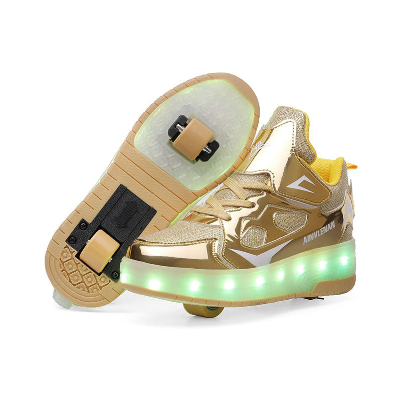 Gold Shiny LED Light-Up Skate Shoes: Removable Wheels, USB Rechargeable