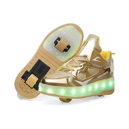 Gold Shiny LED Light-Up Skate Shoes: Removable Wheels, USB Rechargeable