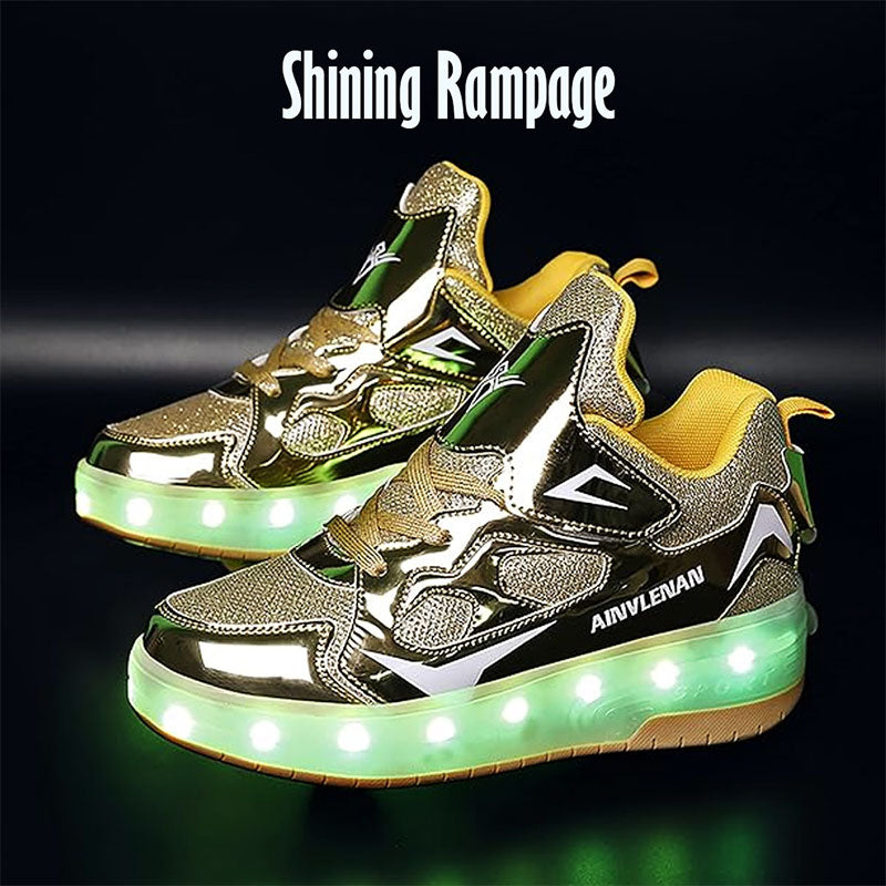 Gold Shiny LED Light-Up Skate Shoes: Removable Wheels, USB Rechargeable