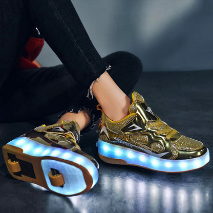 Gold Shiny LED Light-Up Skate Shoes: Removable Wheels, USB Rechargeable