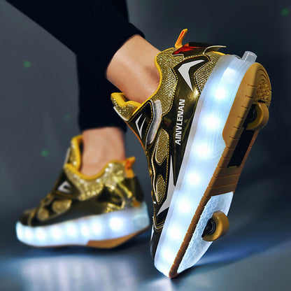 Gold Shiny LED Light-Up Skate Shoes: Removable Wheels, USB Rechargeable