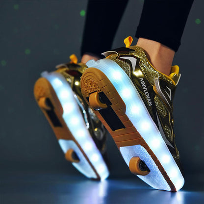 Gold Shiny LED Light-Up Skate Shoes: Removable Wheels, USB Rechargeable