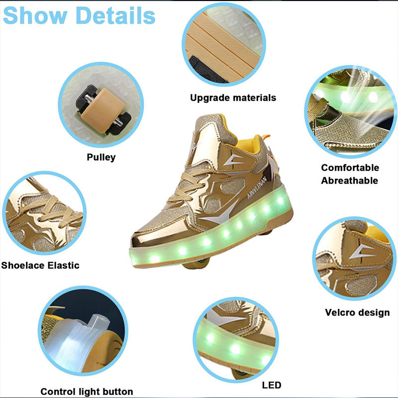 Gold Shiny LED Light-Up Skate Shoes: Removable Wheels, USB Rechargeable