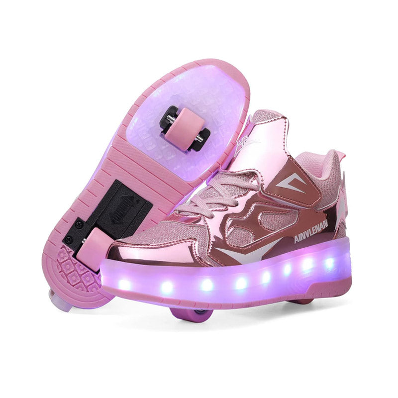 Pink Glitter Shine LED Shoes with Wheel - Roller Skates USB Rechargeable