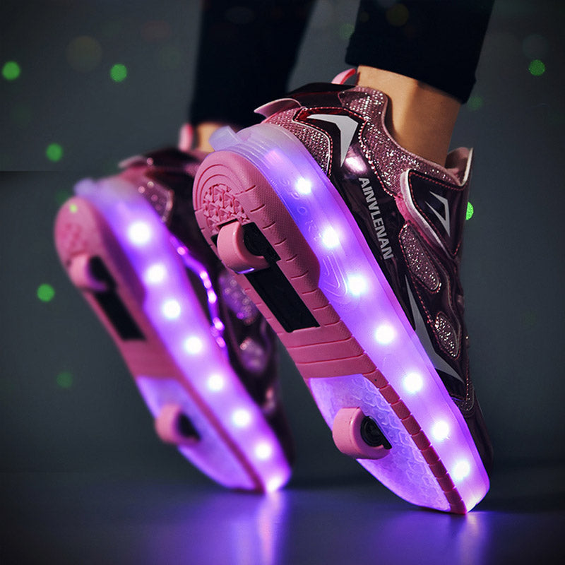 Pink Glitter Shine LED Shoes with Wheel - Roller Skates USB Rechargeable