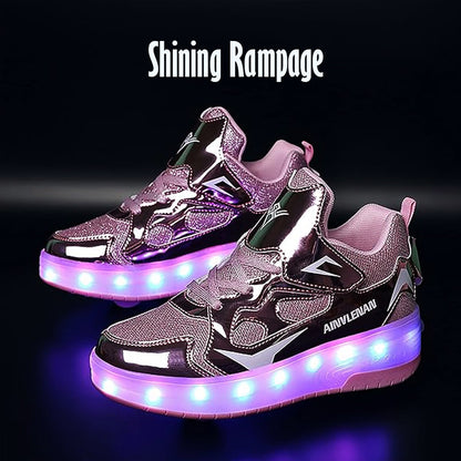 Pink Glitter Shine LED Shoes with Wheel - Roller Skates USB Rechargeable