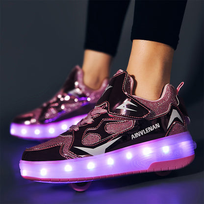 Pink Glitter Shine LED Shoes with Wheel - Roller Skates USB Rechargeable