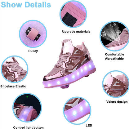 Pink Glitter Shine LED Shoes with Wheel - Roller Skates USB Rechargeable