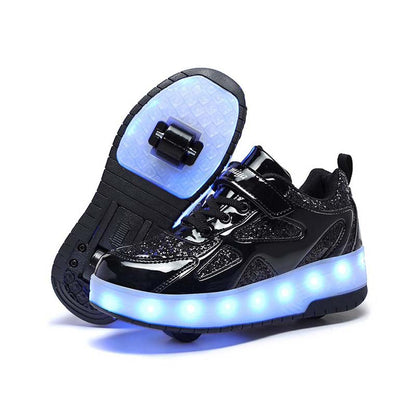 Black Shiny LED Light-Up Roller Shoes - Removable Wheels, USB Rechargeable