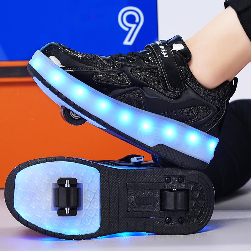 Black Shiny LED Light-Up Roller Shoes - Removable Wheels, USB Rechargeable