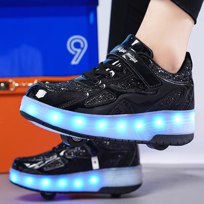 Black Shiny LED Light-Up Roller Shoes - Removable Wheels, USB Rechargeable