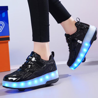 Black Shiny LED Light-Up Roller Shoes - Removable Wheels, USB Rechargeable