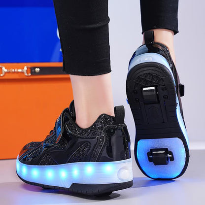 Black Shiny LED Light-Up Roller Shoes - Removable Wheels, USB Rechargeable