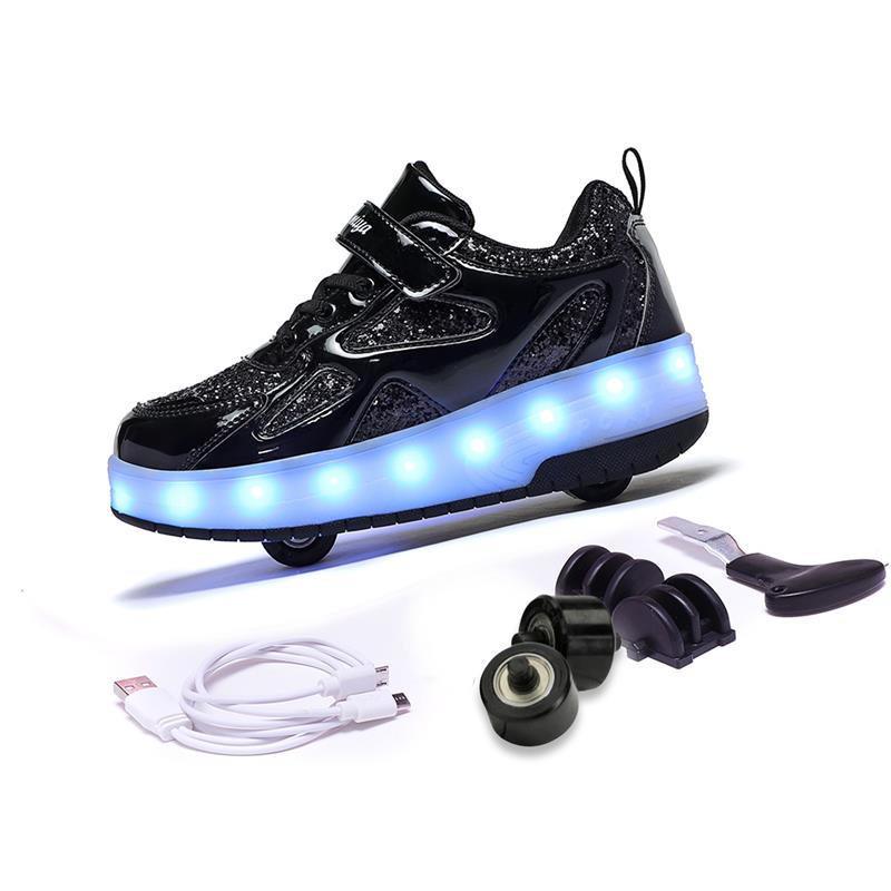 Black Shiny LED Light-Up Roller Shoes - Removable Wheels, USB Rechargeable