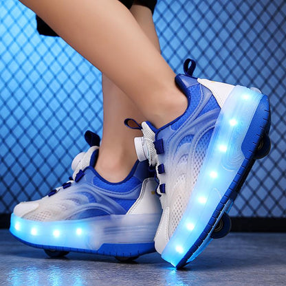 Blue LED Light-Up Roller Shoes - Removable Wheels, USB Rechargeable