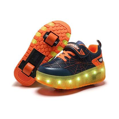 Kids Spiderman LED Shoes with Wheel - Roller Skates USB Rechargeable