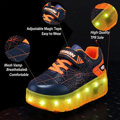 Kids Spiderman LED Shoes with Wheel - Roller Skates USB Rechargeable