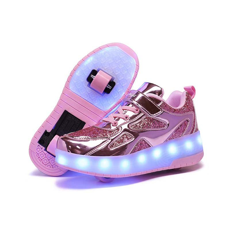 Pink Shiny LED Light-Up Roller Shoes - Removable Wheels, USB Rechargeable