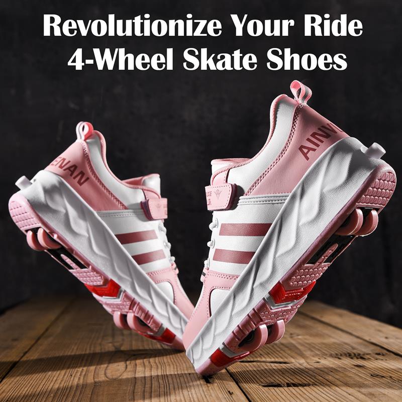 Pink Kids Roller Shoes - Retractable Wheels, Balanced Sneakers