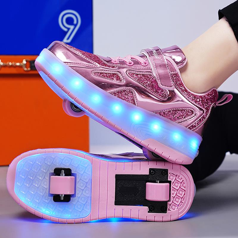 Pink Shiny LED Light-Up Roller Shoes - Removable Wheels, USB Rechargeable