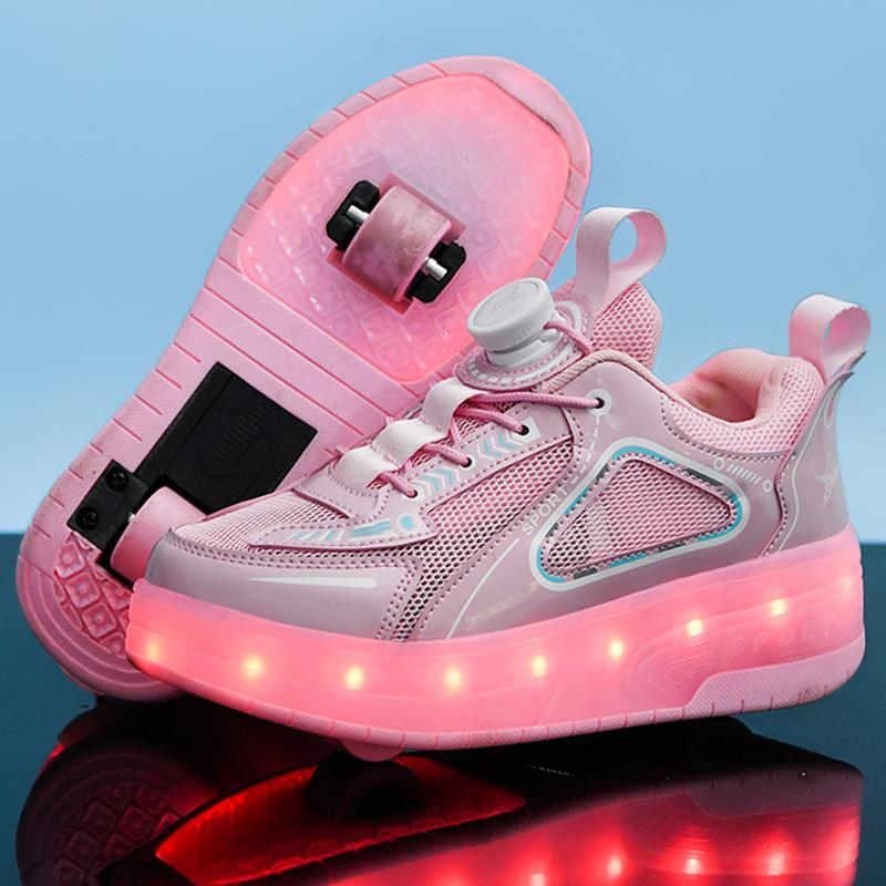 Pink LED Shoes with Wheels - USB Rechargeable with Spin Button