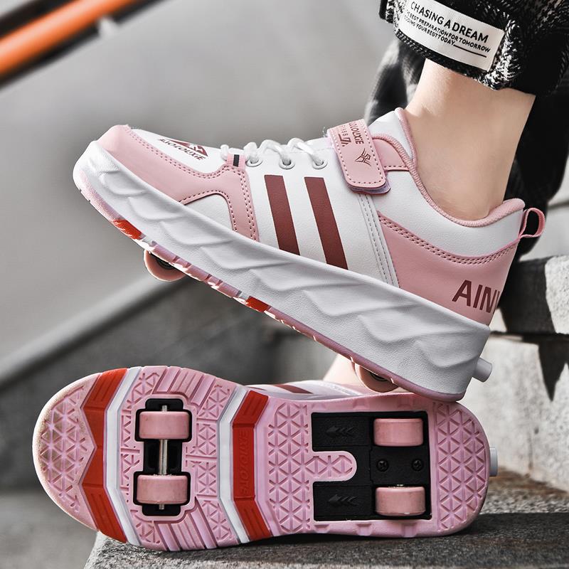 Pink Kids Roller Shoes - Retractable Wheels, Balanced Sneakers