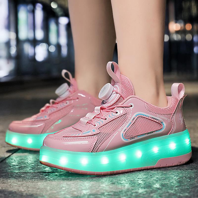 Pink LED Shoes with Wheels - USB Rechargeable with Spin Button