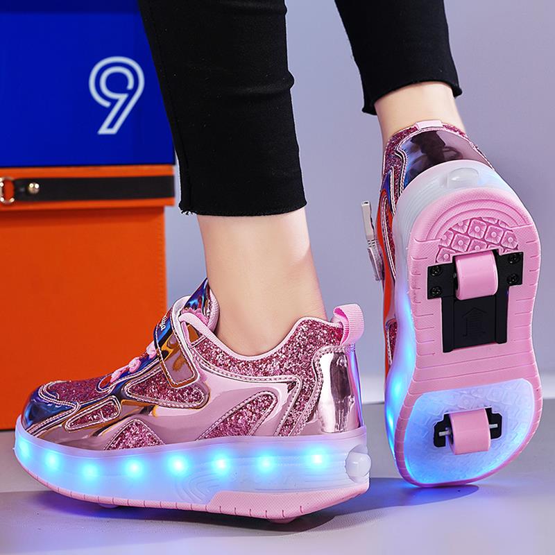 Pink Shiny LED Light-Up Roller Shoes - Removable Wheels, USB Rechargeable