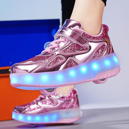 Pink Shiny LED Light-Up Roller Shoes - Removable Wheels, USB Rechargeable