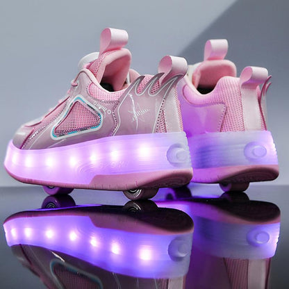 Pink LED Shoes with Wheels - USB Rechargeable with Spin Button