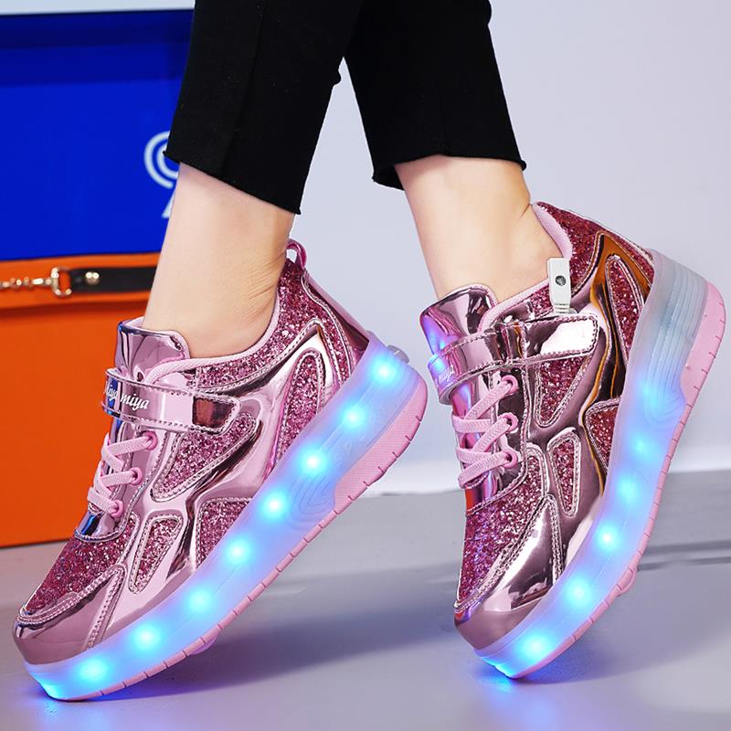 Pink Shiny LED Light-Up Roller Shoes - Removable Wheels, USB Rechargeable