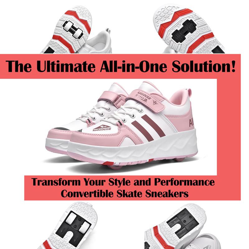 Pink Kids Roller Shoes - Retractable Wheels, Balanced Sneakers